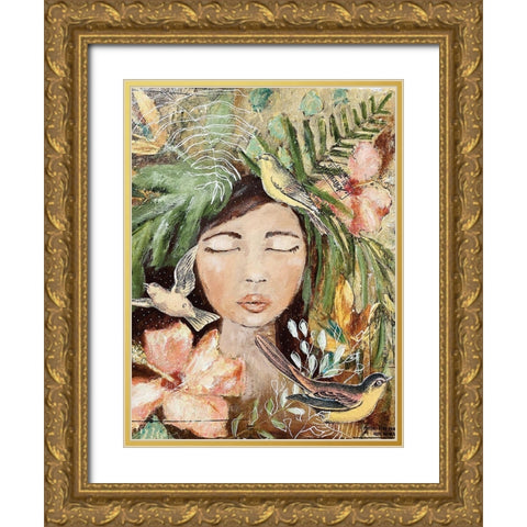 Maya and the Birds Gold Ornate Wood Framed Art Print with Double Matting by Hilburn, Amanda