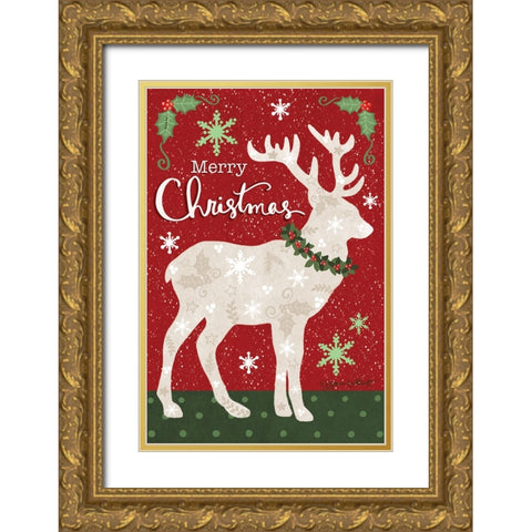 Merry Christmas Reindeer Gold Ornate Wood Framed Art Print with Double Matting by LaPoint, Annie