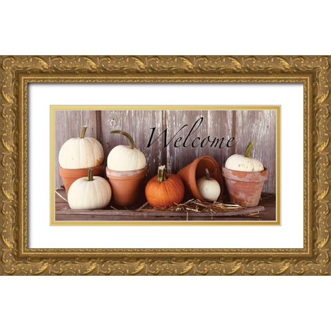 Welcome Pumpkin Shelf Gold Ornate Wood Framed Art Print with Double Matting by Smith, Anthony