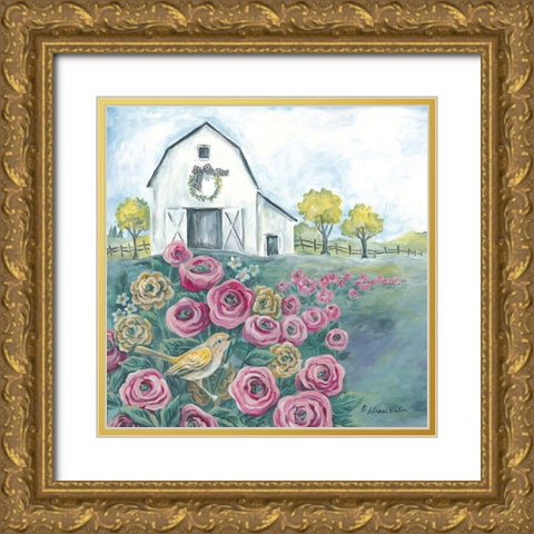 Pink Flower Field Gold Ornate Wood Framed Art Print with Double Matting by Kater, Diane