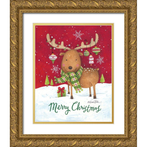 Merry Christmas Reindeer Gold Ornate Wood Framed Art Print with Double Matting by Kater, Diane