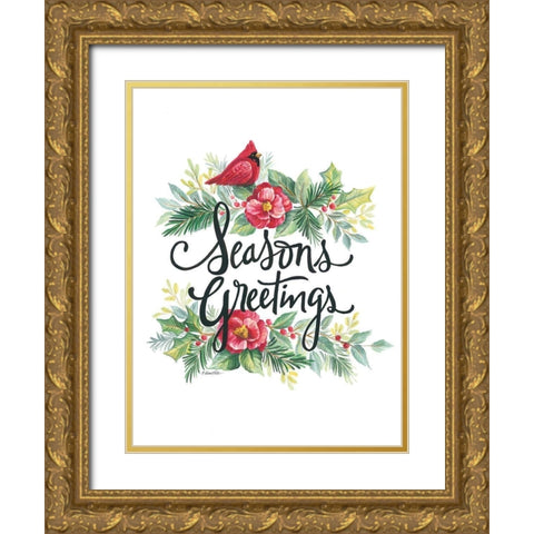Seasons Greetings Wreath Gold Ornate Wood Framed Art Print with Double Matting by Arthurs, Diane