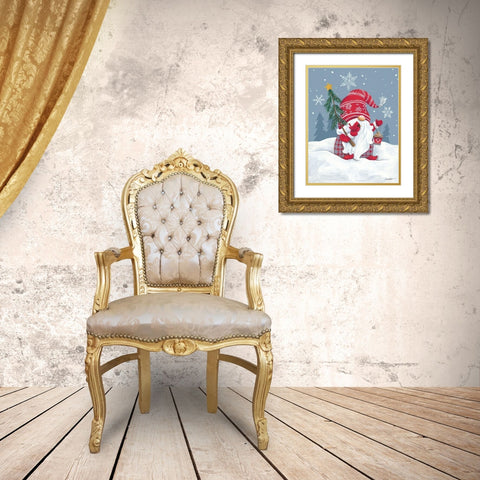 Snowy Gnome with Cardinal Gold Ornate Wood Framed Art Print with Double Matting by Kater, Diane