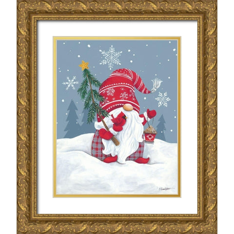 Snowy Gnome with Cardinal Gold Ornate Wood Framed Art Print with Double Matting by Kater, Diane
