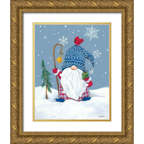Snowy Gnome with Present Gold Ornate Wood Framed Art Print with Double Matting by Kater, Diane