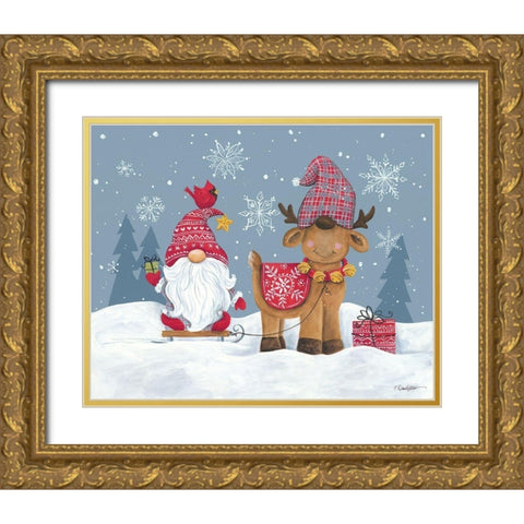 Snowy Gnome with Reindeer Gold Ornate Wood Framed Art Print with Double Matting by Kater, Diane