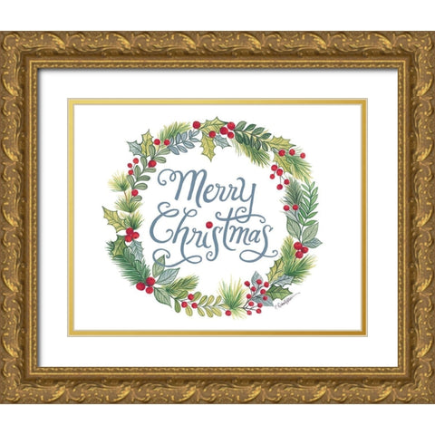Merry Christmas Wreath Gold Ornate Wood Framed Art Print with Double Matting by Kater, Diane