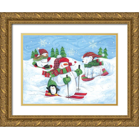 Skiing Snowmen and Animals Gold Ornate Wood Framed Art Print with Double Matting by Kater, Diane