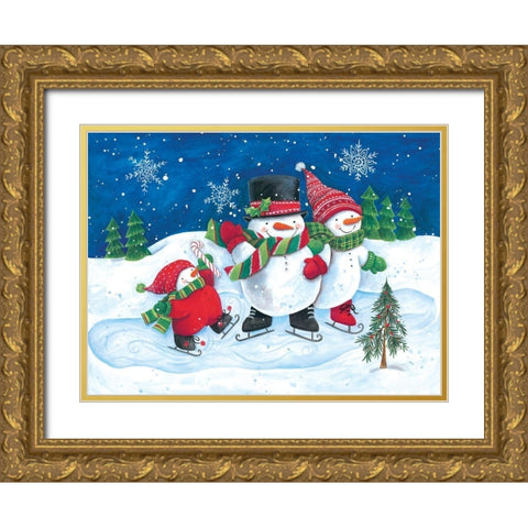 Happy Snowmen Family on Skates Gold Ornate Wood Framed Art Print with Double Matting by Kater, Diane