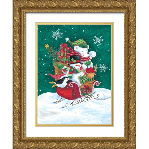 Christmas Friends Sleigh Gold Ornate Wood Framed Art Print with Double Matting by Kater, Diane