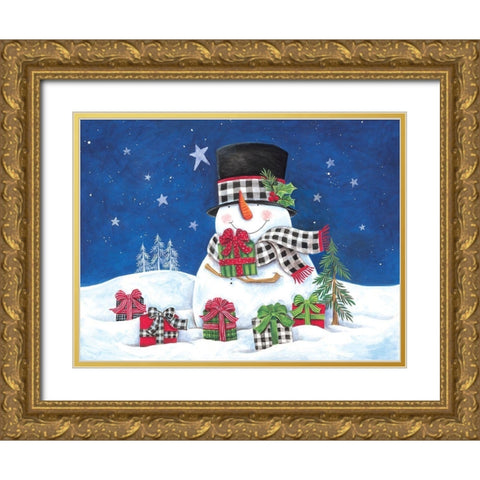 Gifting Snowman I Gold Ornate Wood Framed Art Print with Double Matting by Kater, Diane