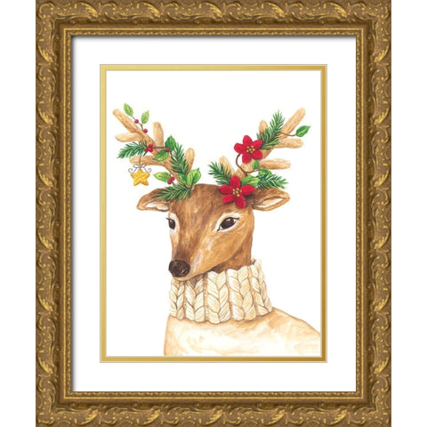 Christmas Deer Gold Ornate Wood Framed Art Print with Double Matting by Kater, Diane