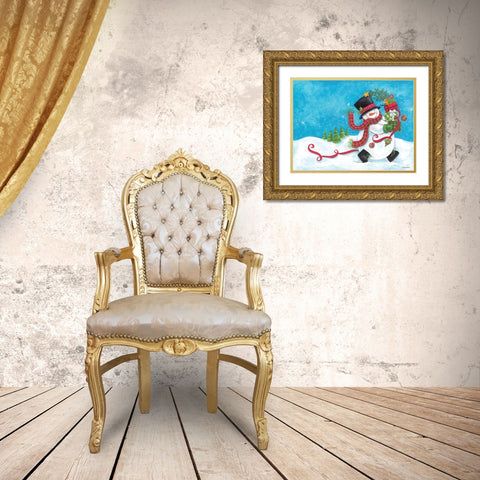 Snowman on the Run Gold Ornate Wood Framed Art Print with Double Matting by Kater, Diane
