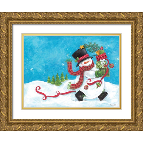Snowman on the Run Gold Ornate Wood Framed Art Print with Double Matting by Kater, Diane