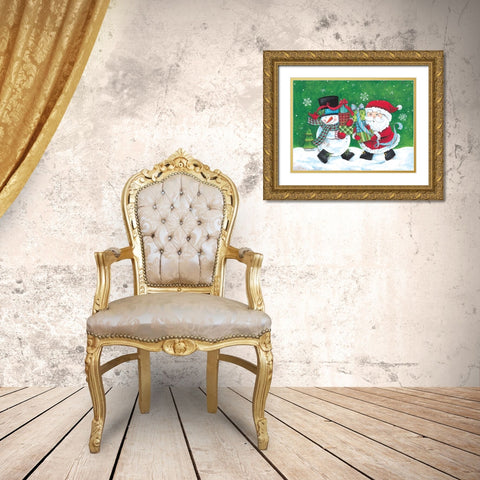 Snowman And Santa Friends Gold Ornate Wood Framed Art Print with Double Matting by Kater, Diane