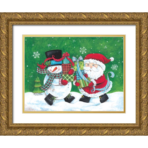 Snowman And Santa Friends Gold Ornate Wood Framed Art Print with Double Matting by Kater, Diane