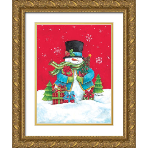 Snowman And Presents Gold Ornate Wood Framed Art Print with Double Matting by Kater, Diane