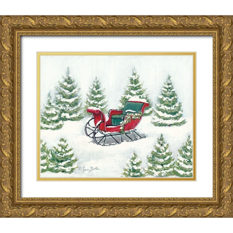 Tree Farm Sleigh Gold Ornate Wood Framed Art Print with Double Matting by Baker, Sara