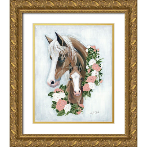 Floral Ponies Gold Ornate Wood Framed Art Print with Double Matting by Baker, Sara