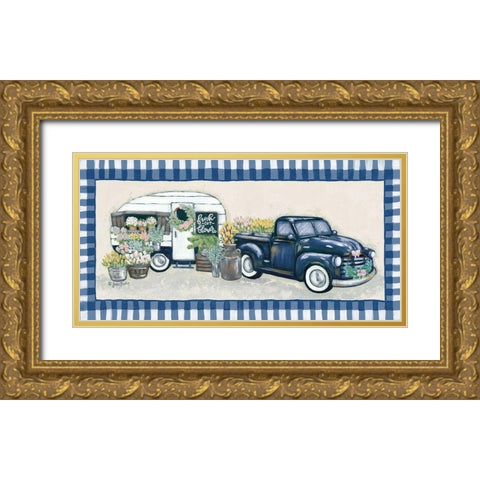 Blue Blooms Gold Ornate Wood Framed Art Print with Double Matting by Baker, Sara