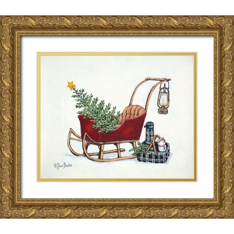 Winter Sleigh Picnic   Gold Ornate Wood Framed Art Print with Double Matting by Baker, Sara