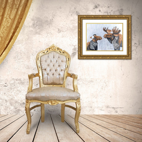 Winter Moose Kisses Gold Ornate Wood Framed Art Print with Double Matting by Baker, Sara