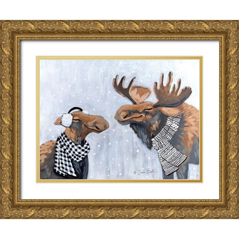 Winter Moose Kisses Gold Ornate Wood Framed Art Print with Double Matting by Baker, Sara