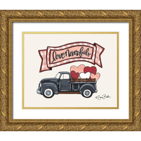 Love Never Fails Truck Gold Ornate Wood Framed Art Print with Double Matting by Baker, Sara