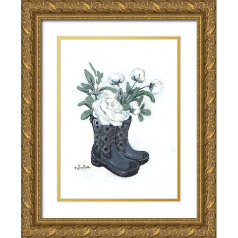 Rain Boot Peonies Gold Ornate Wood Framed Art Print with Double Matting by Baker, Sara