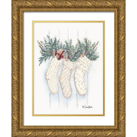 Boho Christmas Stockings Gold Ornate Wood Framed Art Print with Double Matting by Baker, Sara