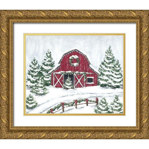 Tree Farm Barn Gold Ornate Wood Framed Art Print with Double Matting by Baker, Sara