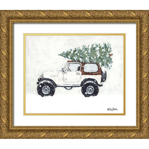 Country Road Christmas Tree Gold Ornate Wood Framed Art Print with Double Matting by Baker, Sara