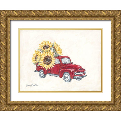 Sunflower Farm Truck Gold Ornate Wood Framed Art Print with Double Matting by Baker, Sara