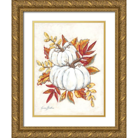 White Pumpkin Fall Foliage Gold Ornate Wood Framed Art Print with Double Matting by Baker, Sara