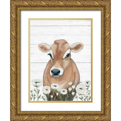 Cow With Flowers Gold Ornate Wood Framed Art Print with Double Matting by Baker, Sara