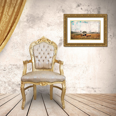 Vintage Grazing Cattle    Gold Ornate Wood Framed Art Print with Double Matting by Bluebird Barn