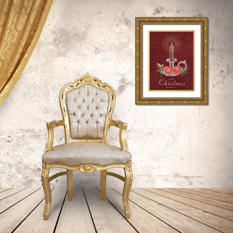 Burlap Vintage Christmas Tall Candlestick Gold Ornate Wood Framed Art Print with Double Matting by Bluebird Barn