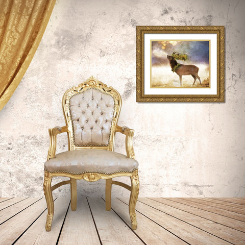 Holly and Ivy Stag Gold Ornate Wood Framed Art Print with Double Matting by Bluebird Barn