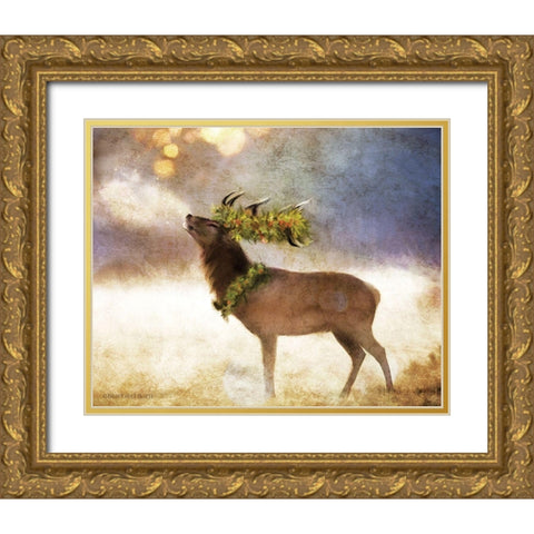 Holly and Ivy Stag Gold Ornate Wood Framed Art Print with Double Matting by Bluebird Barn