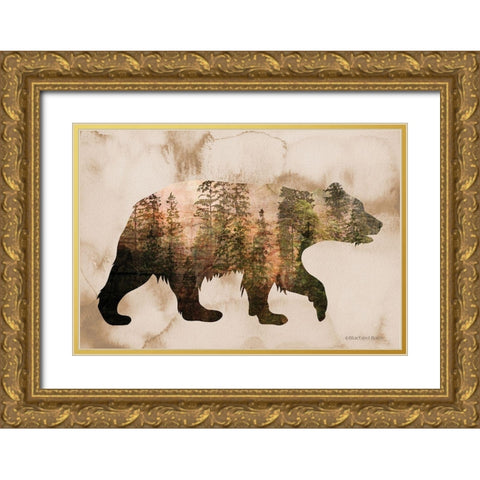 Brown Woods Bear Silhouette Gold Ornate Wood Framed Art Print with Double Matting by Bluebird Barn
