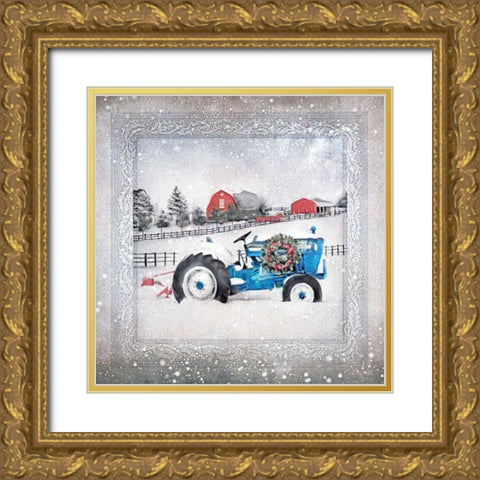 Christmas Tractor Gold Ornate Wood Framed Art Print with Double Matting by Bluebird Barn