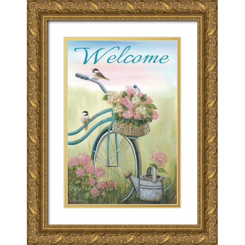 Old Bike Welcome Gold Ornate Wood Framed Art Print with Double Matting by Britton, Pam