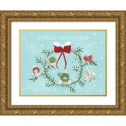 Winter Birds Christmas Wreath Gold Ornate Wood Framed Art Print with Double Matting by Britton, Pam