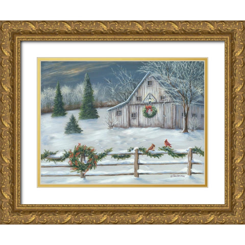 Wintery Barn    Gold Ornate Wood Framed Art Print with Double Matting by Britton, Pam