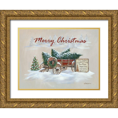 Merry Christmas Wagon   Gold Ornate Wood Framed Art Print with Double Matting by Britton, Pam