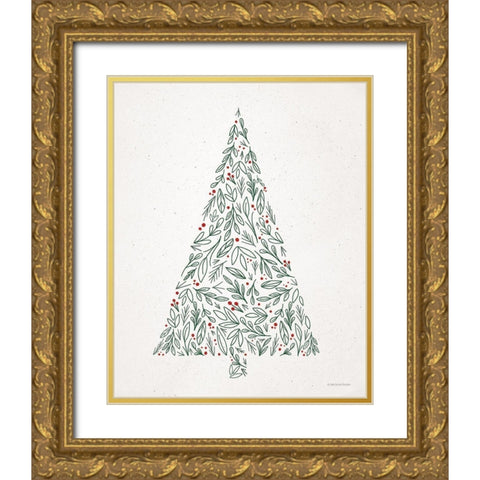 Floral Christmas Tree II  Gold Ornate Wood Framed Art Print with Double Matting by Lady Louise Designs