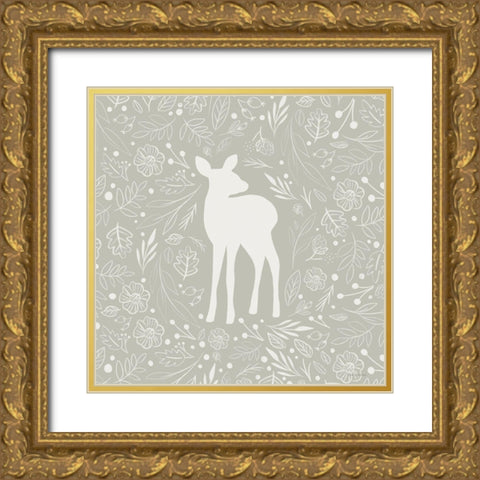 Floral Deer Gold Ornate Wood Framed Art Print with Double Matting by Lady Louise Designs