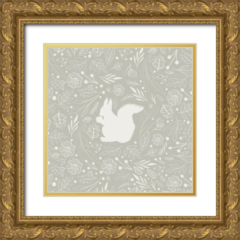 Floral Squirrel Gold Ornate Wood Framed Art Print with Double Matting by Lady Louise Designs
