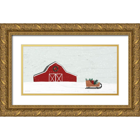 Christmas Barn Gold Ornate Wood Framed Art Print with Double Matting by Lady Louise Designs