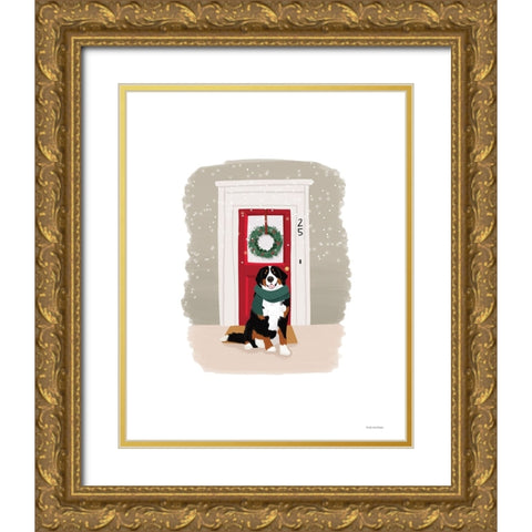 Christmas Dog Gold Ornate Wood Framed Art Print with Double Matting by Lady Louise Designs